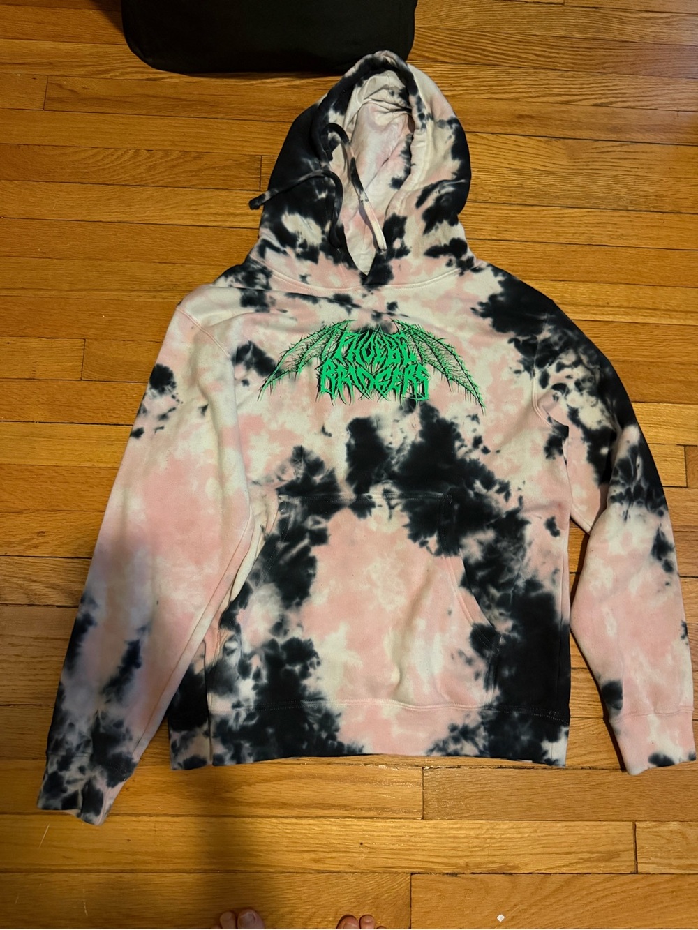Tie-Dye Pink & Black Graphic Hoodie with Green Logo